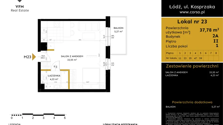 Rzut - Mieszkanie na sprzedaż 1 pokój o powierzchni 37,78 m² - numer 2A.23 w Corso etap 2