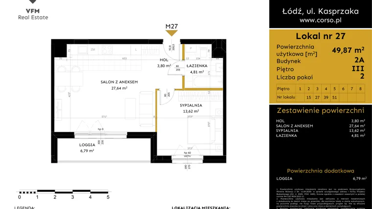 Rzut - Mieszkanie na sprzedaż 2 pokoje o powierzchni 49,87 m² - numer 2A.27 w Corso etap 2