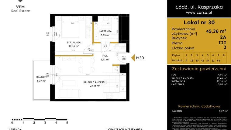 Rzut - Mieszkanie na sprzedaż 2 pokoje o powierzchni 45,36 m² - numer 2A.30 w Corso etap 2