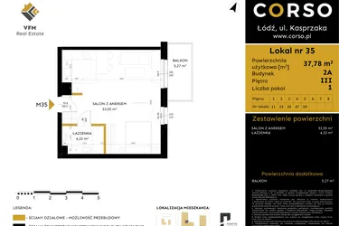 Rzut - Mieszkanie na sprzedaż 1 pokój o powierzchni 37,78 m² - numer 2A.35 w Corso etap 2