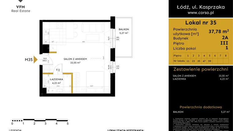 Rzut - Mieszkanie na sprzedaż 1 pokój o powierzchni 37,78 m² - numer 2A.35 w Corso etap 2