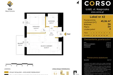 Rzut - Mieszkanie na sprzedaż 2 pokoje o powierzchni 45,36 m² - numer 2A.42 w Corso etap 2