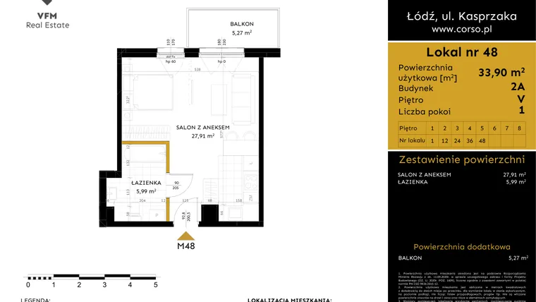 Rzut - Mieszkanie na sprzedaż 1 pokój o powierzchni 33,9 m² - numer 2A.48 w Corso etap 2