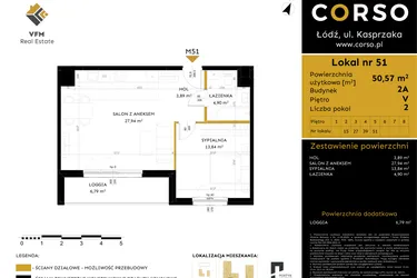 Rzut - Mieszkanie na sprzedaż 2 pokoje o powierzchni 50,57 m² - numer 2A.51 w Corso etap 2