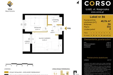 Rzut - Mieszkanie na sprzedaż 2 pokoje o powierzchni 40,76 m² - numer 2A.86 w Corso etap 2