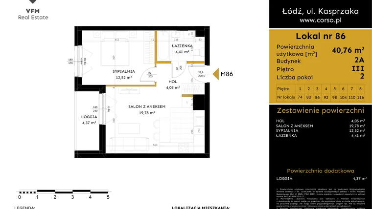 Rzut - Mieszkanie na sprzedaż 2 pokoje o powierzchni 40,76 m² - numer 2A.86 w Corso etap 2