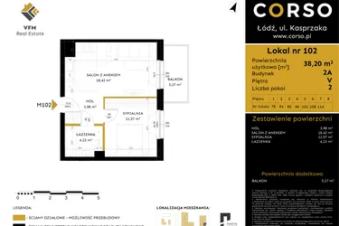 Rzut - Mieszkanie na sprzedaż 2 pokoje o powierzchni 38,2 m² - numer 2A.102 w Corso etap 2