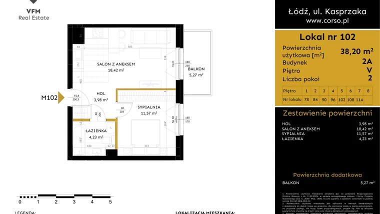 Rzut - Mieszkanie na sprzedaż 2 pokoje o powierzchni 38,2 m² - numer 2A.102 w Corso etap 2