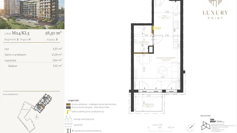 Rzut - Mieszkanie na sprzedaż 1 pokój o powierzchni 28,3 m² - numer M24/KL3 w LUXURY POINT