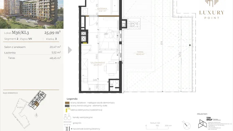 Rzut - Mieszkanie na sprzedaż 1 pokój o powierzchni 25,99 m² - numer M36/KL3 w LUXURY POINT