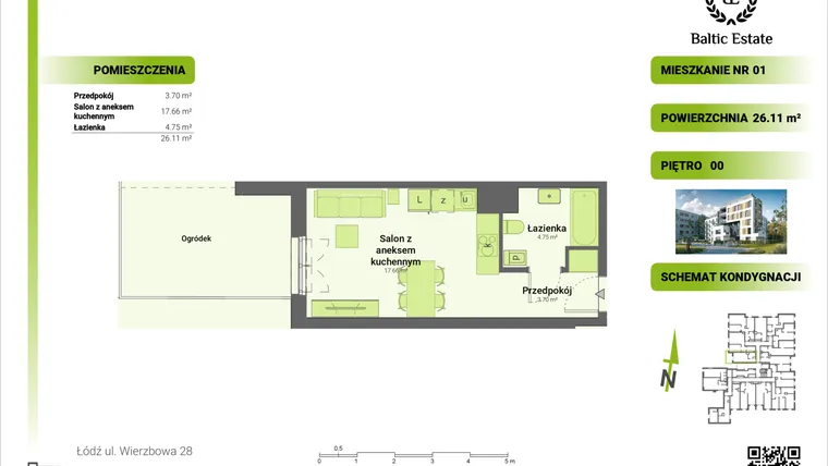 Rzut - Mieszkanie na sprzedaż 1 pokój o powierzchni 26,11 m² - numer 00.M.01 w Dom Architekta