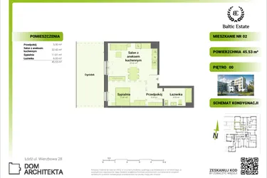Rzut - Mieszkanie na sprzedaż 2 pokoje o powierzchni 45,53 m² - numer 00.M.02 w Dom Architekta