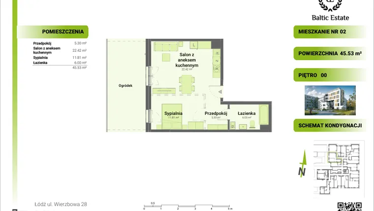 Rzut - Mieszkanie na sprzedaż 2 pokoje o powierzchni 45,32 m² - numer 00.M.02 w Dom Architekta