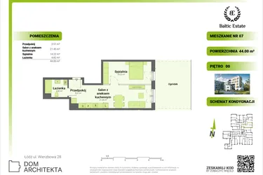 Rzut - Mieszkanie na sprzedaż 2 pokoje o powierzchni 44 m² - numer 00.M.07 w Dom Architekta