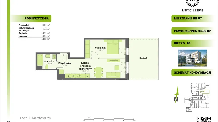 Rzut - Mieszkanie na sprzedaż 2 pokoje o powierzchni 44 m² - numer 00.M.07 w Dom Architekta