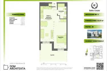 Rzut - Mieszkanie na sprzedaż 2 pokoje o powierzchni 45,87 m² - numer 00.M.11 w Dom Architekta