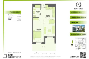 Rzut - Mieszkanie na sprzedaż 2 pokoje o powierzchni 45,86 m² - numer 00.M.12 w Dom Architekta