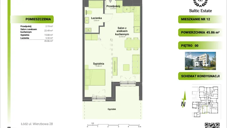 Rzut - Mieszkanie na sprzedaż 2 pokoje o powierzchni 45,75 m² - numer 00.M.12 w Dom Architekta
