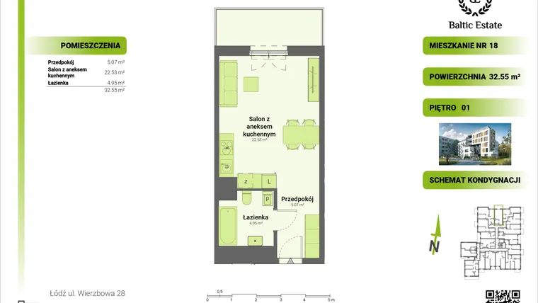 Rzut - Mieszkanie na sprzedaż 1 pokój o powierzchni 32,55 m² - numer 01.M.18 w Dom Architekta