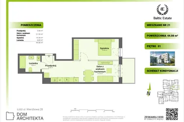 Rzut - Mieszkanie na sprzedaż 2 pokoje o powierzchni 44,08 m² - numer 01.M.21 w Dom Architekta