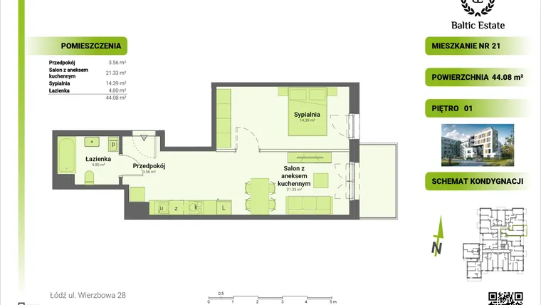 Rzut - Mieszkanie na sprzedaż 2 pokoje o powierzchni 44,08 m² - numer 01.M.21 w Dom Architekta