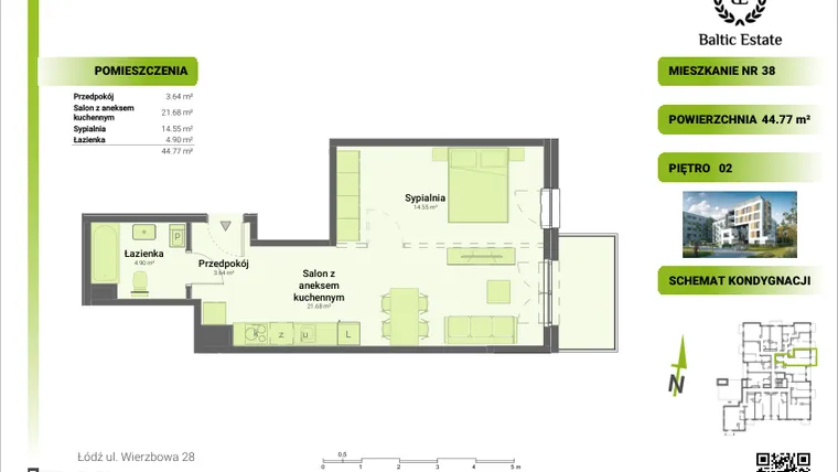 Rzut - Mieszkanie na sprzedaż 2 pokoje o powierzchni 44,77 m² - numer 02.M.38 w Dom Architekta