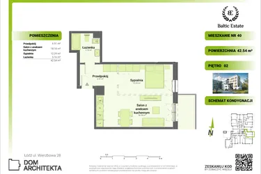 Rzut - Mieszkanie na sprzedaż 2 pokoje o powierzchni 42,54 m² - numer 02.M.40 w Dom Architekta