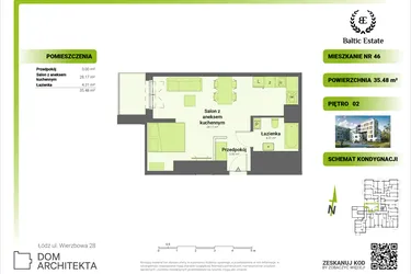 Rzut - Mieszkanie na sprzedaż 1 pokój o powierzchni 35,48 m² - numer 02.M.46 w Dom Architekta