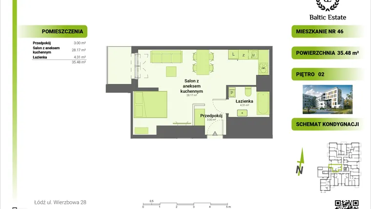 Rzut - Mieszkanie na sprzedaż 1 pokój o powierzchni 35,48 m² - numer 02.M.46 w Dom Architekta