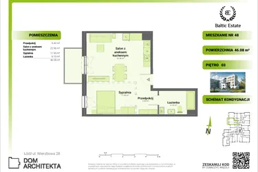 Rzut - Mieszkanie na sprzedaż 2 pokoje o powierzchni 46,08 m² - numer 03.M.48 w Dom Architekta