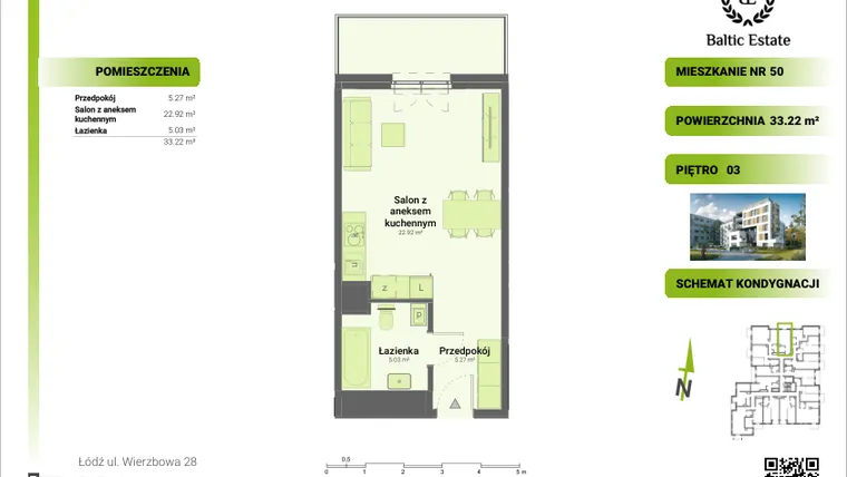 Rzut - Mieszkanie na sprzedaż 1 pokój o powierzchni 33,22 m² - numer 03.M.50 w Dom Architekta