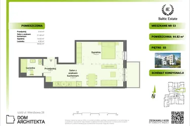 Rzut - Mieszkanie na sprzedaż 2 pokoje o powierzchni 44,82 m² - numer 03.M.53 w Dom Architekta