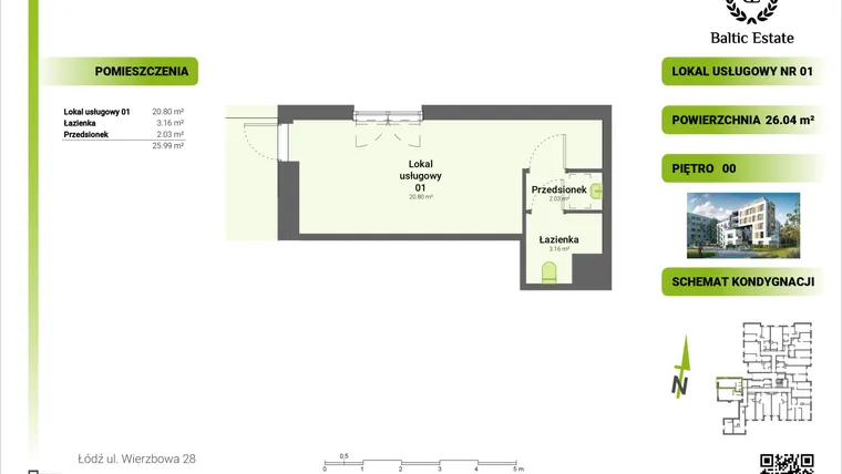 Rzut - Lokal użytkowy na sprzedaż 2 pokoje o powierzchni 26,04 m² - numer 00.U.01 w Dom Architekta