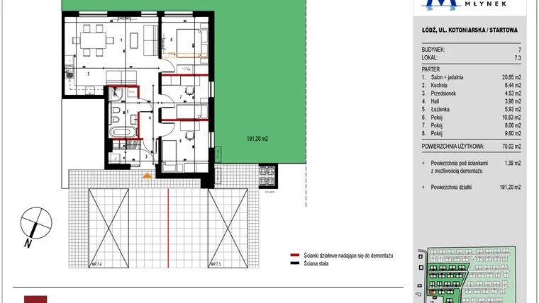 Rzut - Mieszkanie na sprzedaż 3 pokoje o powierzchni 69,85 m² - numer 7.3 w Przystań Młynek