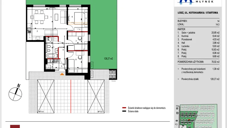 Rzut - Mieszkanie na sprzedaż 3 pokoje o powierzchni 69,85 m² - numer 14.3 w Przystań Młynek