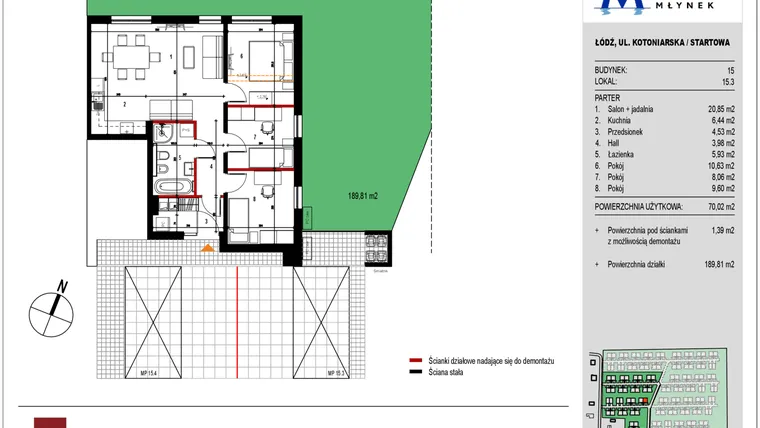 Rzut - Mieszkanie na sprzedaż 3 pokoje o powierzchni 69,85 m² - numer 15.3 w Przystań Młynek