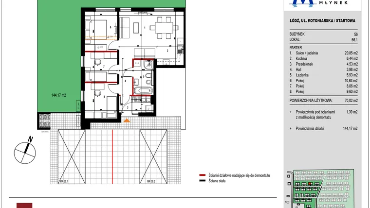 Rzut - Mieszkanie na sprzedaż 3 pokoje o powierzchni 69,85 m² - numer 56.1 w Przystań Młynek