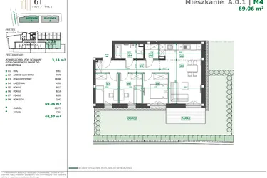 Rzut - Mieszkanie na sprzedaż 4 pokoje o powierzchni 73,17 m² - numer A.0.1 w Apartamenty Pszczyńska