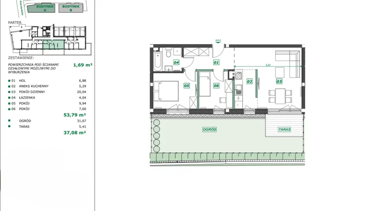 Rzut - Mieszkanie na sprzedaż 3 pokoje o powierzchni 55,35 m² - numer A.0.2 w Apartamenty Pszczyńska
