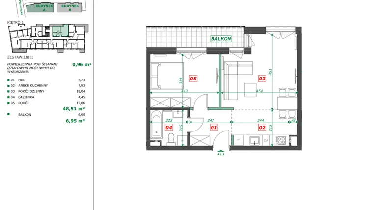 Rzut - Mieszkanie na sprzedaż 2 pokoje o powierzchni 49,3 m² - numer A.1.1 w Apartamenty Pszczyńska