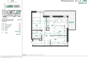 Rzut - Mieszkanie na sprzedaż 3 pokoje o powierzchni 62,42 m² - numer A.1.2 w Apartamenty Pszczyńska