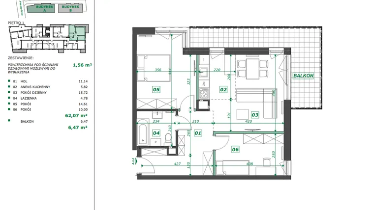 Rzut - Mieszkanie na sprzedaż 3 pokoje o powierzchni 62,42 m² - numer A.1.2 w Apartamenty Pszczyńska