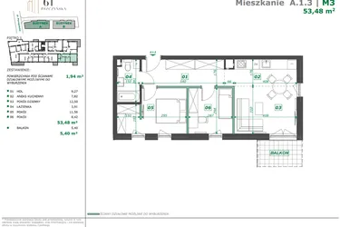 Rzut - Mieszkanie na sprzedaż 3 pokoje o powierzchni 55,19 m² - numer A.1.3 w Apartamenty Pszczyńska