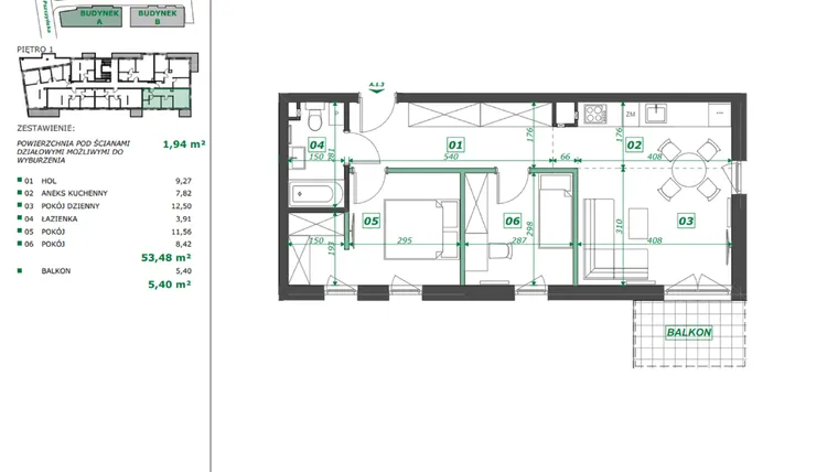 Rzut - Mieszkanie na sprzedaż 3 pokoje o powierzchni 55,19 m² - numer A.1.3 w Apartamenty Pszczyńska