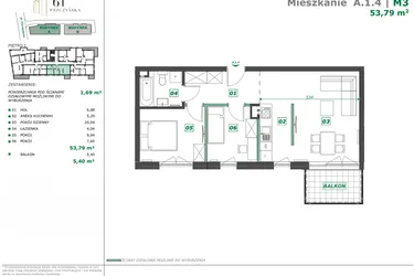 Rzut - Mieszkanie na sprzedaż 3 pokoje o powierzchni 55,2 m² - numer A.1.4 w Apartamenty Pszczyńska