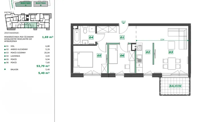 Rzut - Mieszkanie na sprzedaż 3 pokoje o powierzchni 55,2 m² - numer A.1.4 w Apartamenty Pszczyńska