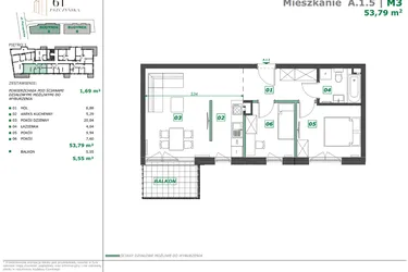Rzut - Mieszkanie na sprzedaż 3 pokoje o powierzchni 55,29 m² - numer A.1.5 w Apartamenty Pszczyńska