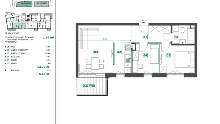 Rzut - Mieszkanie na sprzedaż 3 pokoje o powierzchni 55,29 m² - numer A.1.5 w Apartamenty Pszczyńska
