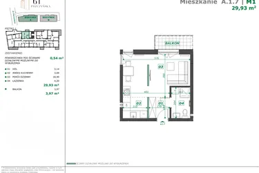 Rzut - Mieszkanie na sprzedaż 1 pokój o powierzchni 30,3 m² - numer A.1.7 w Apartamenty Pszczyńska