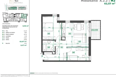 Rzut - Mieszkanie na sprzedaż 3 pokoje o powierzchni 62,39 m² - numer A.2.2 w Apartamenty Pszczyńska
